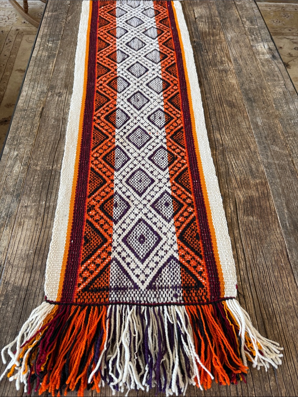 Vintage Handwoven Table Runner in Orange, Purple & Cream